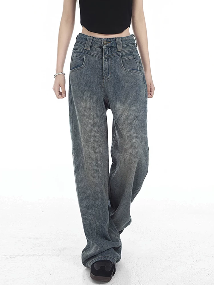 Quần jean ống đứng màu xanh cổ điển dáng quả lê dành cho nữ đầu thu cỡ lớn quần ống rộng lưng cao dáng rộng giảm béo