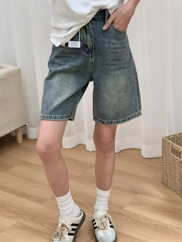 Quần short denim màu xanh cổ điển hình quả lê dành cho nữ, cỡ lớn mùa hè, cạp cao, dáng rộng, dáng suông, dáng rộng, quần short dài vừa phải.