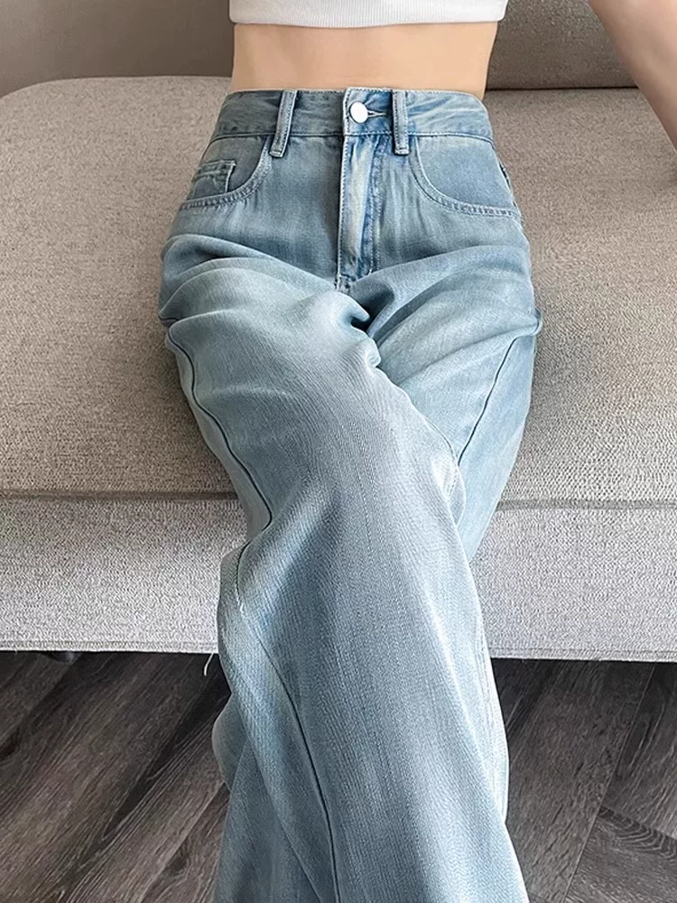 Quần jean lụa băng màu sáng hình quả lê dành cho nữ, kiểu dáng mỏng mùa hè, cỡ lớn, lưng cao, dáng rộng, giảm béo, quần ống rộng Tencel