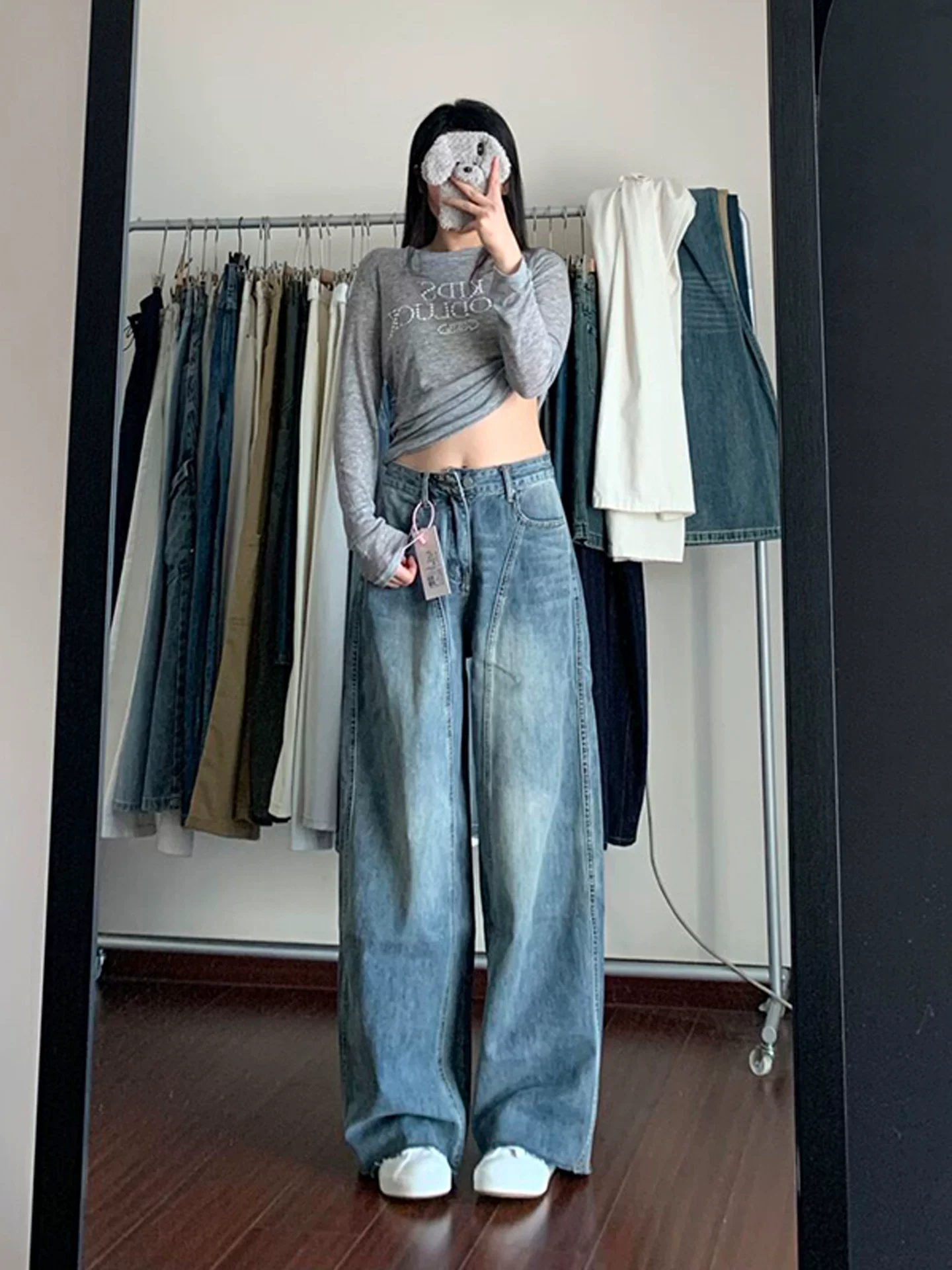 Quần jeans kiểu Mỹ cổ điển dành cho nữ, mẫu mới thu 2025, size lớn, cạp cao, dáng rộng, ống rộng, kiểu dáng sickle