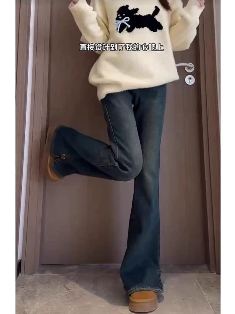 Quần jeans xanh vintage dáng loe nữ xuân 2025, size lớn, cạp cao, co giãn, che hông, tôn dáng, ống chuông, dài chạm sàn