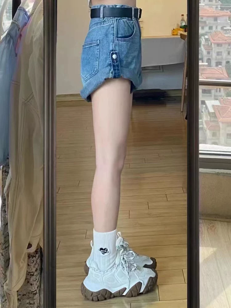 Thân hình quả lê, quần short denim viền cuốn dành cho nữ, cỡ lớn mùa hè, lưng cao, dáng rộng, che hông, giảm béo, quần ống rộng dáng chữ A