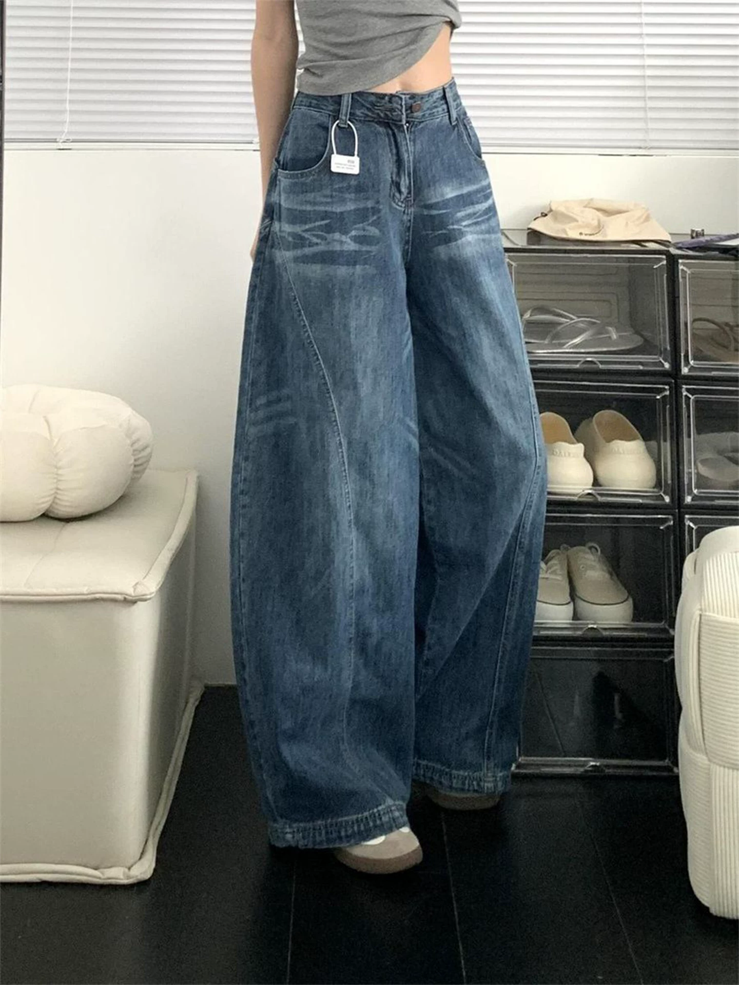 Quần jeans kiểu Mỹ cổ điển dáng rộng dành cho nữ mùa thu 2025, size lớn, cạp cao, dáng rộng, tôn dáng, dài chấm đất