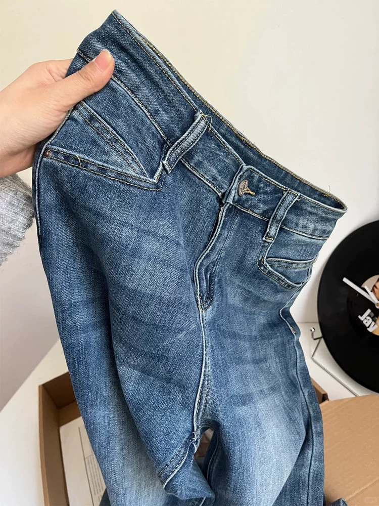 Quần jean dáng chuông dành cho nữ, size lớn mùa xuân, cạp cao, co giãn, che hông, tôn dáng, quần dài ống loe