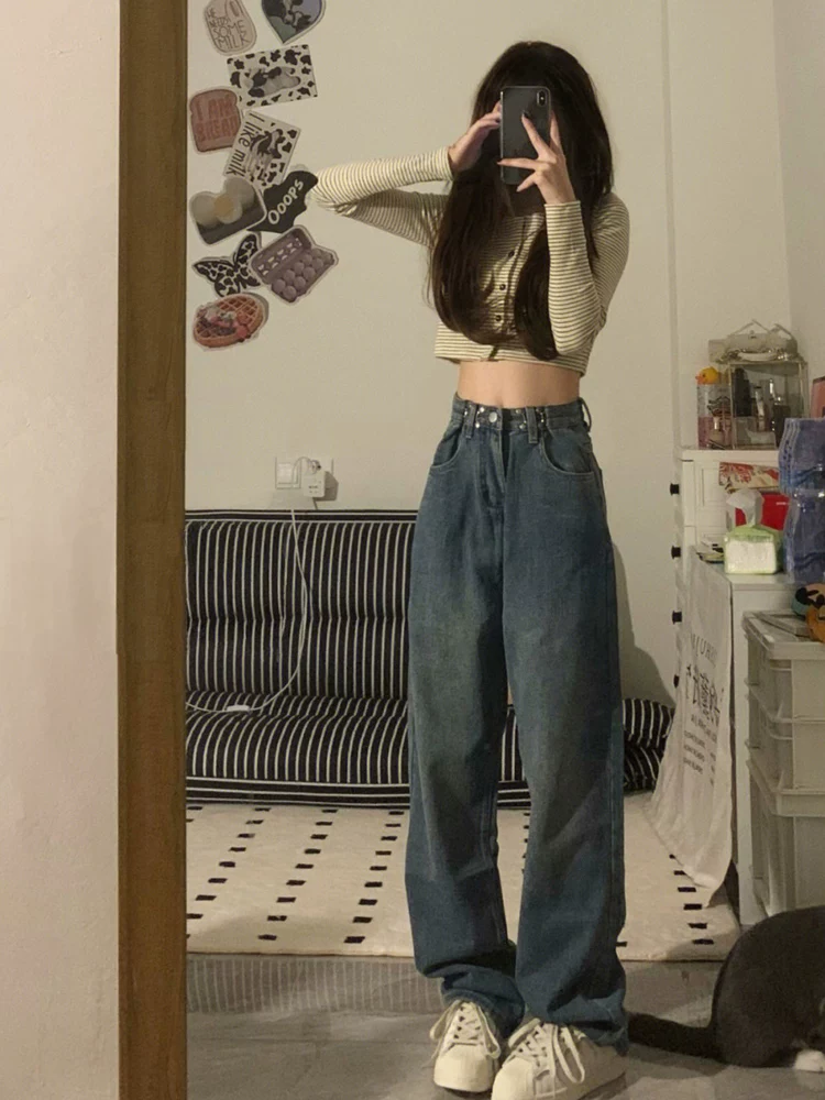 Quần jean ống thẳng dáng quả lê dành cho nữ, phong cách đầu thu, cỡ lớn, lưng cao, dáng rộng, che hông, giảm béo, ống rộng, quần dài chạm sàn