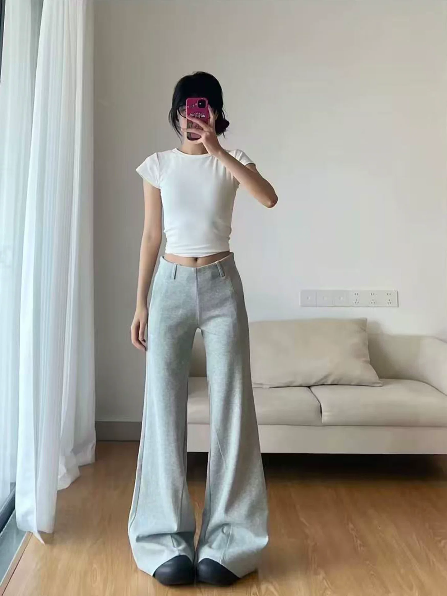 Quần âu ống loe màu cà phê Melard dành cho nữ, mùa thu đông, cỡ lớn, lưng cao, dáng rộng, xếp nếp, tôn dáng, quần thể thao dài đến sàn.