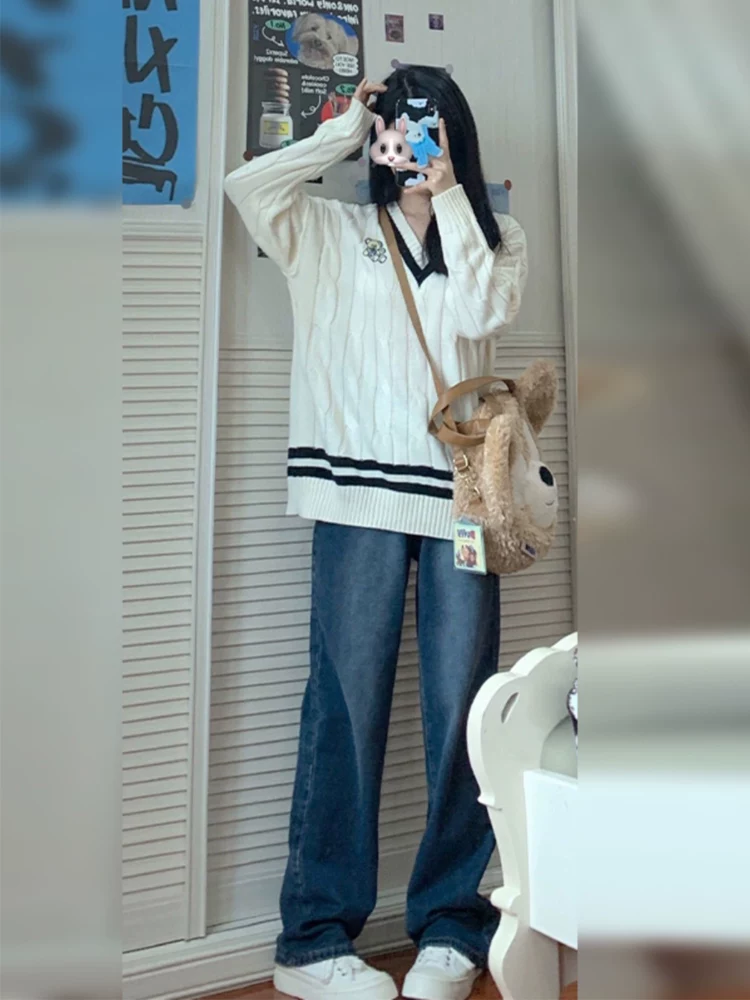 Quần jean ống thẳng dáng quả lê dành cho nữ, mặc đầu thu, cỡ lớn, hơi mũm mĩm, lưng cao, dáng rộng, che bụng, giảm béo, quần ống rộng