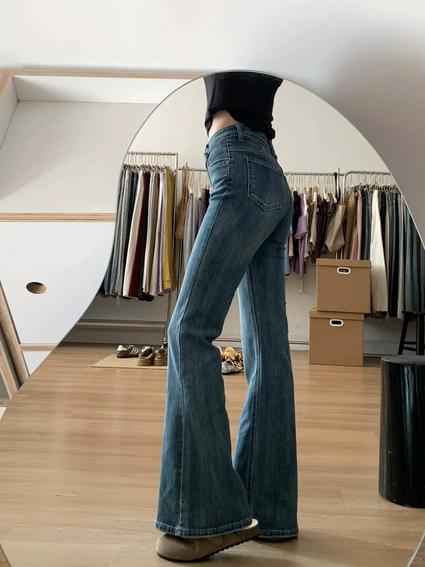 Quần jean xòe màu xanh đậm dành cho nữ, size lớn mùa hè, cạp cao, co giãn, tôn dáng, dành cho người có thân hình quả lê, quần ống loe che hông