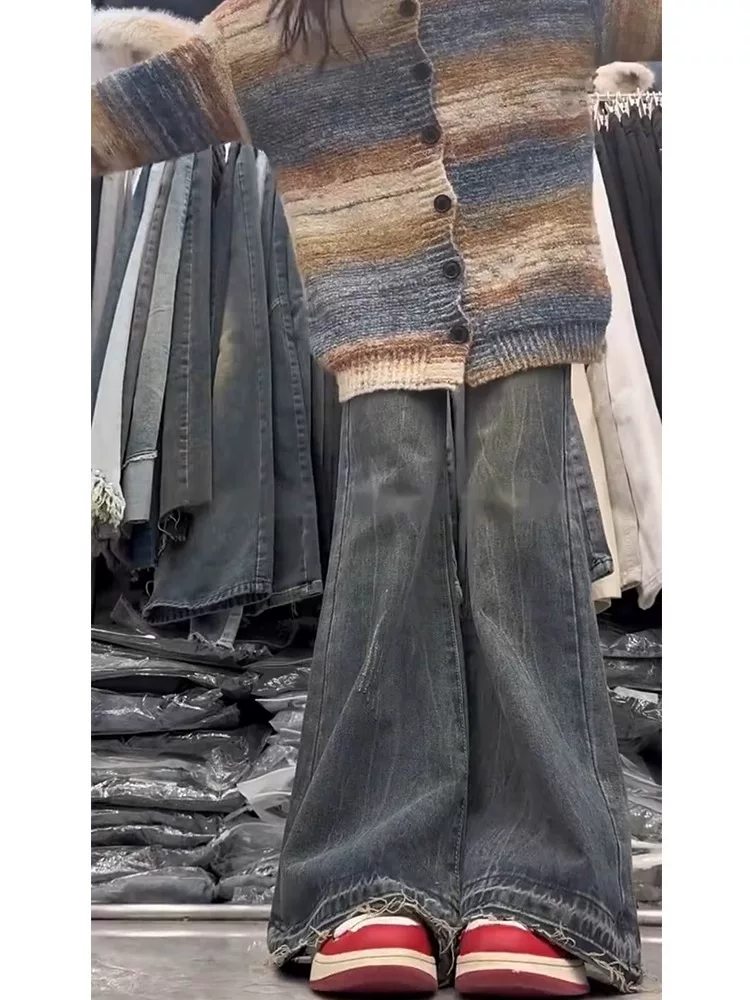 Quần jean ống rộng màu xanh retro không bó sát dành cho nữ trong mùa thu đông, quần ống loe dáng rộng cạp cao, cỡ lớn, giúp thon gọn