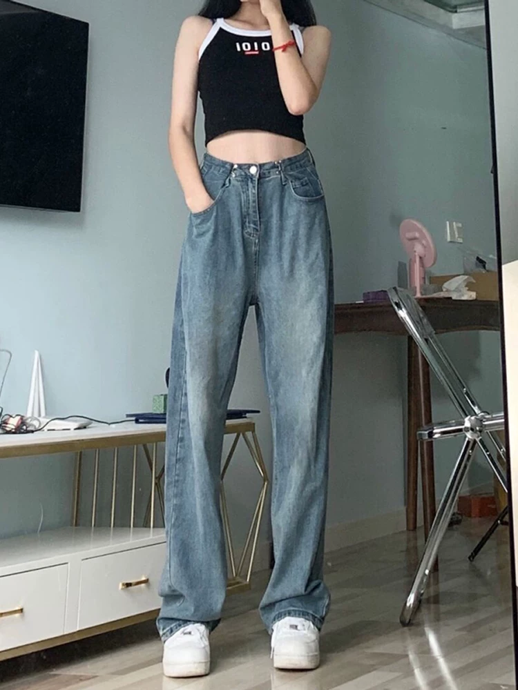 Thiết kế dáng quả lê, quần jean nữ có thể điều chỉnh, đầu thu, size lớn, cạp cao, tôn dáng, quần ống rộng mềm mại