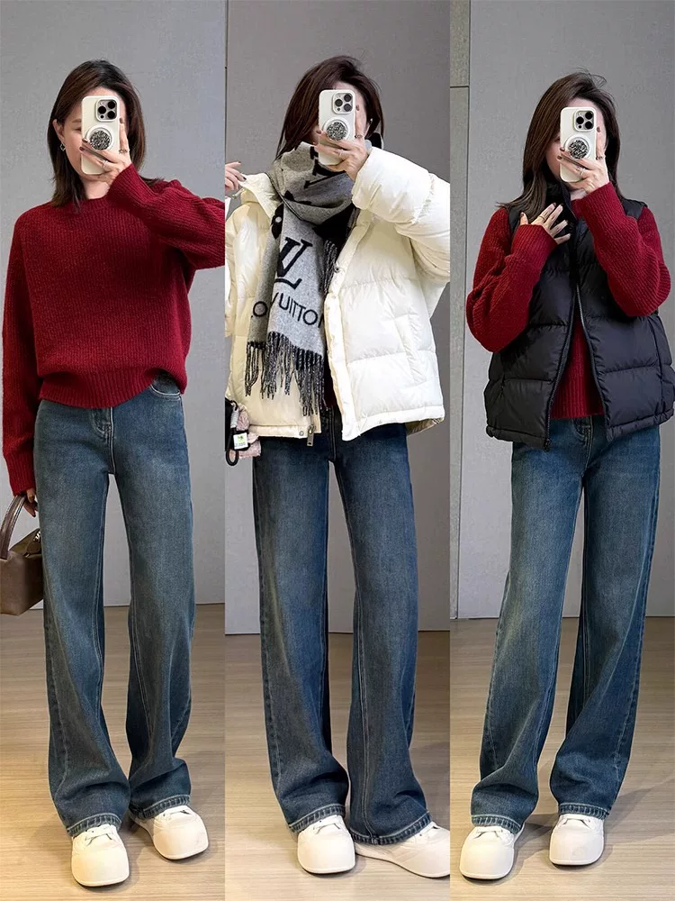 Quần jean ống rộng màu xanh cổ điển dành cho nữ, kiểu dáng mùa xuân mới, cỡ lớn, lưng cao, che hông, giảm béo, ống thẳng, quần dài chạm sàn.