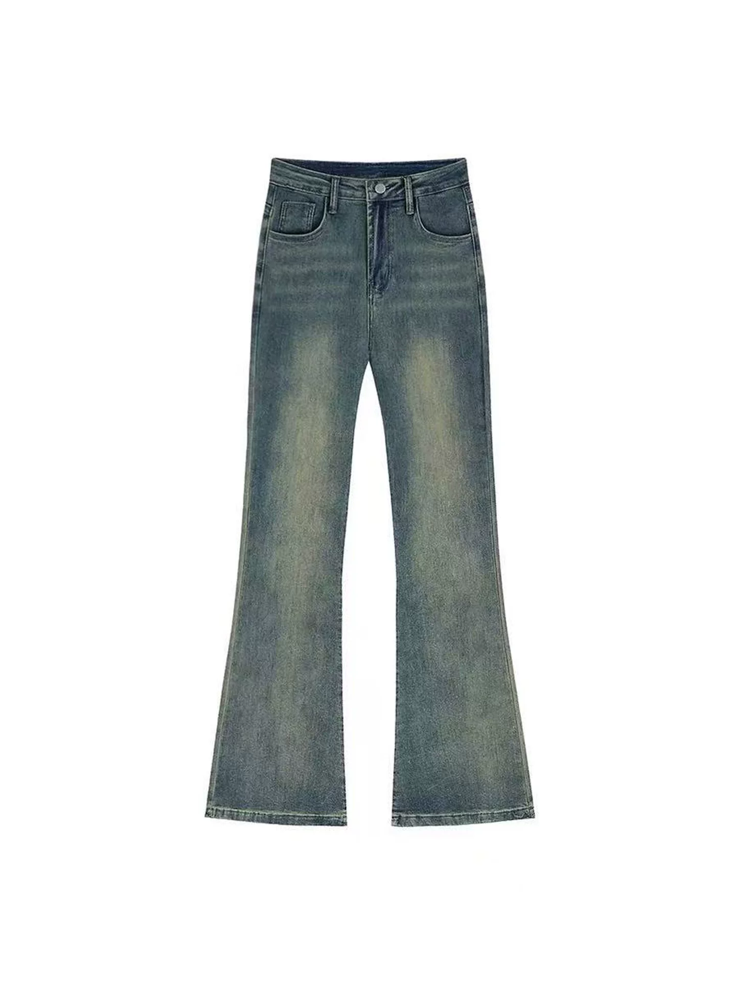 Quần jean bootcut nhung xanh cổ điển dành cho nữ trong mùa đông, cỡ lớn, eo cao, co giãn, tạo vẻ thon gọn, dáng quả lê, quần ống loe