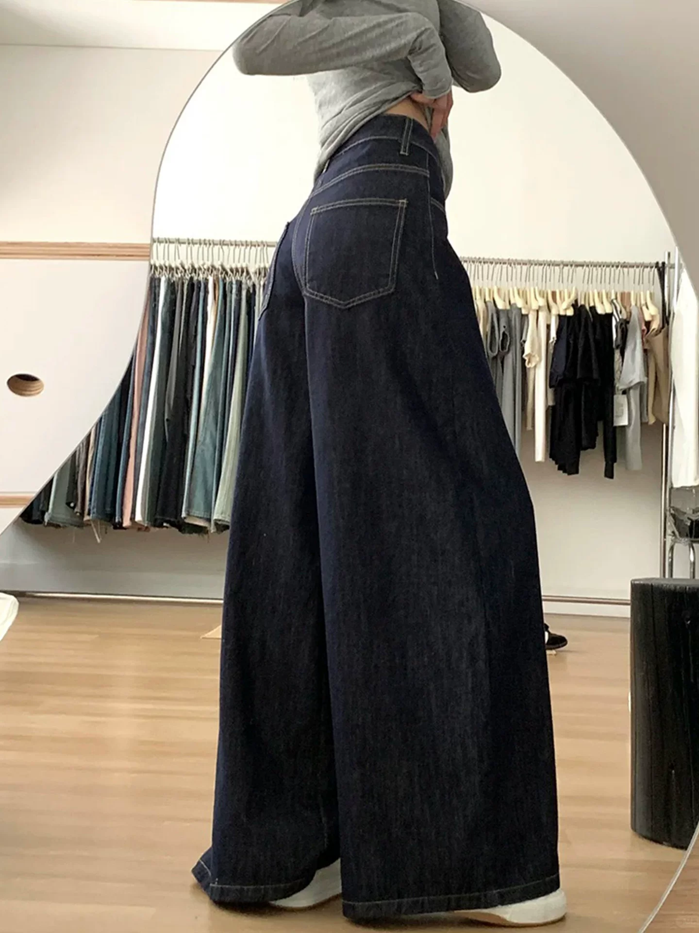 Quần jean ống rộng chữ A lưng cao màu xanh đậm dành cho nữ, mùa thu, cỡ lớn, dáng rộng, tôn dáng, dáng quả lê, quần dài chạm sàn
