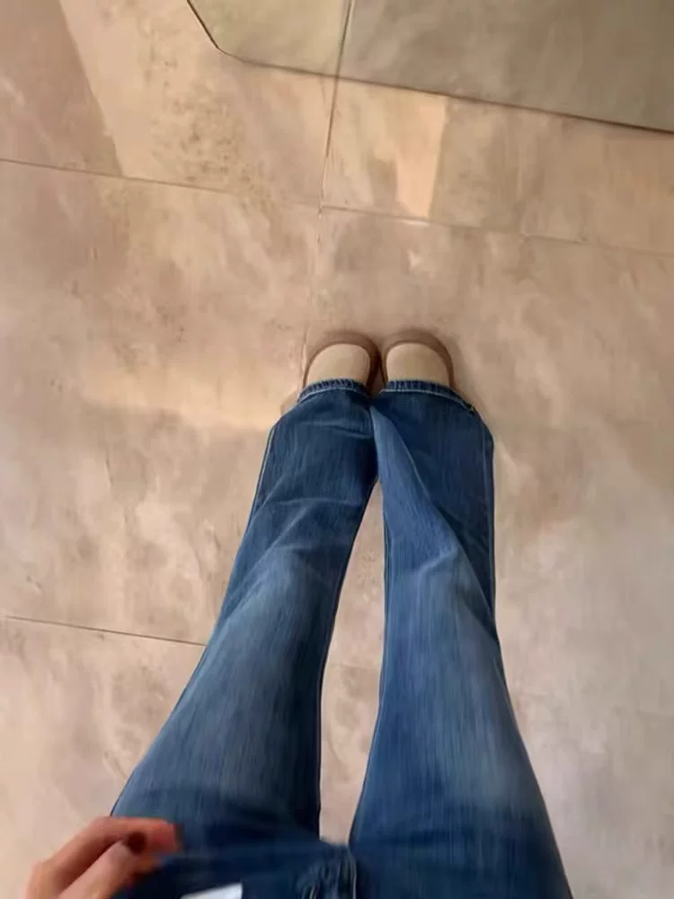 Quần jean ống đứng loe dành cho nữ, mùa thu đông, lót lông cừu, cỡ lớn, lưng cao, co giãn, che hông, giảm béo, quần dài ống loe
