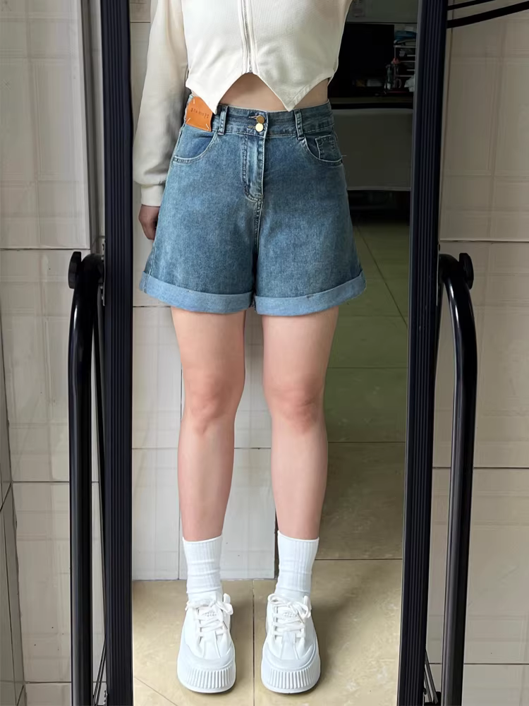 Thân hình quả lê, quần short denim viền cuốn dành cho nữ, cỡ lớn mùa hè, lưng cao, co giãn, che hông, quần ống rộng chữ A tôn dáng