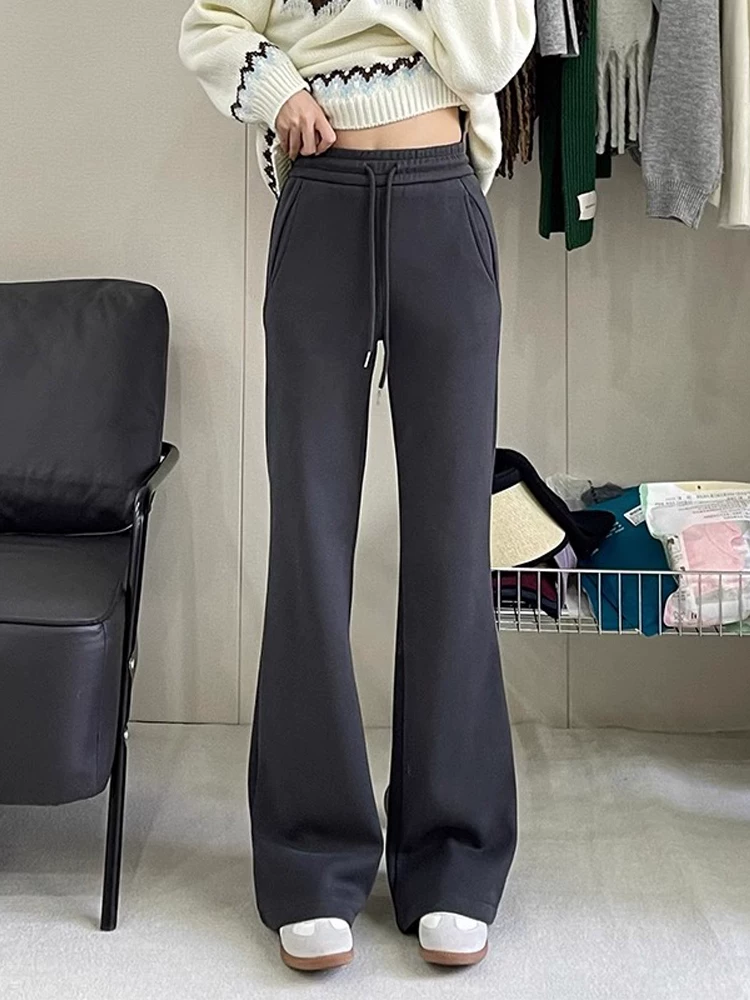 Quần ống loe thường ngày dành cho nữ, mùa thu đông, cỡ lớn, lót lông cừu, dày dặn, cạp cao, che hông, giảm béo, quần thể thao