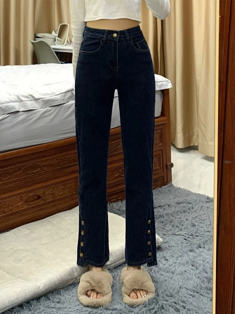 Quần jean dáng chuông, ống thẳng hơi loe dành cho nữ, phong cách đầu thu, size lớn, lót lông cừu, cạp cao, co giãn, che hông.