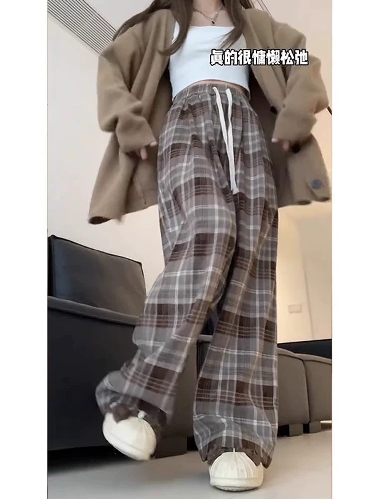 Meilade quần kẻ sọc màu nâu cổ điển dành cho nữ đầu mùa thu cỡ lớn eo cao dáng suôn dáng suôn quần ống rộng