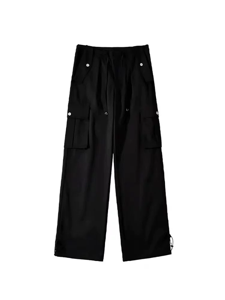 Quần cargo ống thẳng màu đen dáng quả lê dành cho nữ, size lớn mùa thu, cạp cao, dáng rộng, tôn dáng, quần ống rộng thường ngày