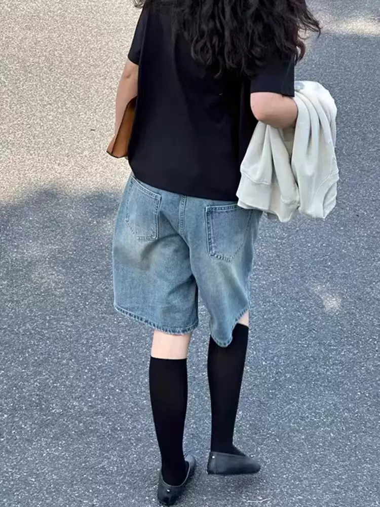 Quần short denim vintage nữ, hè 2025, size lớn, cạp cao, tôn dáng, dành cho người có dáng quả lê, quần short ống rộng dài ngang đùi