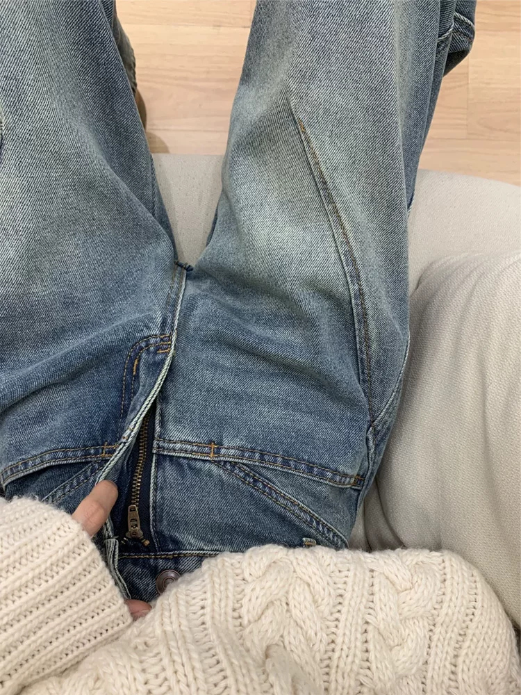 Quần jeans kiểu Mỹ cổ điển dáng scimitar dành cho nữ xuân 2025, size lớn, cạp cao, tôn dáng, ống rộng, dài chấm đất