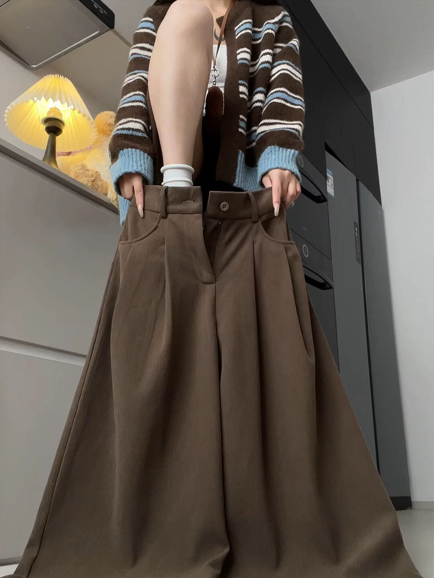 Quần ống rộng bằng vải nhung màu cà phê Melard dành cho nữ, lót lông cừu mùa đông, dày dặn, cỡ lớn, lưng cao, dáng rộng, giảm béo, quần thường ngày.