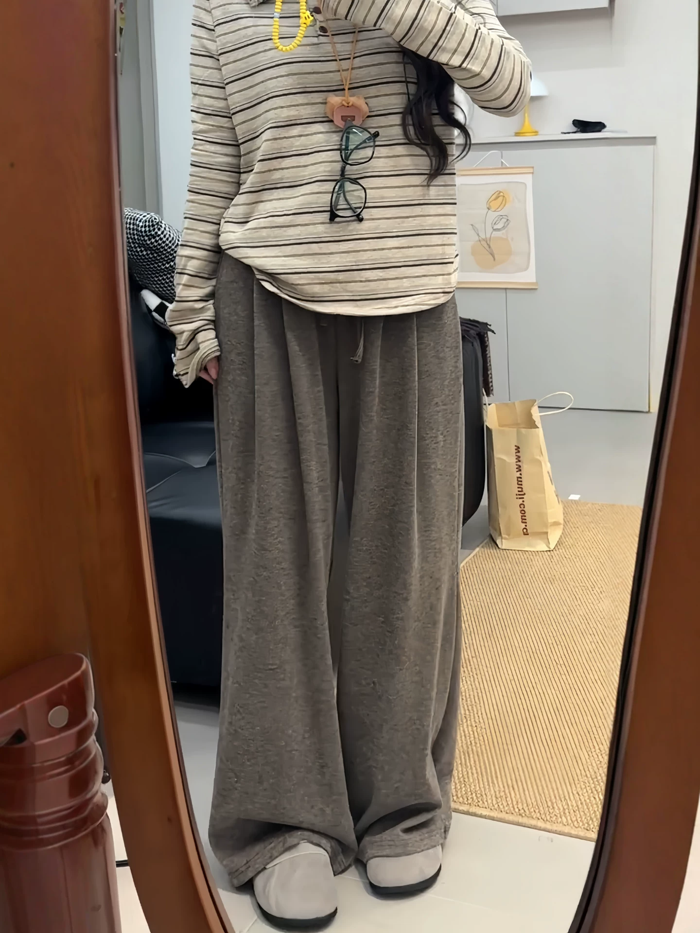 Quần gạo nếp màu cà phê Melard dành cho nữ, cỡ lớn mùa thu, lưng cao, dáng suôn, tôn dáng, phong cách lười biếng, quần dài ống rộng.