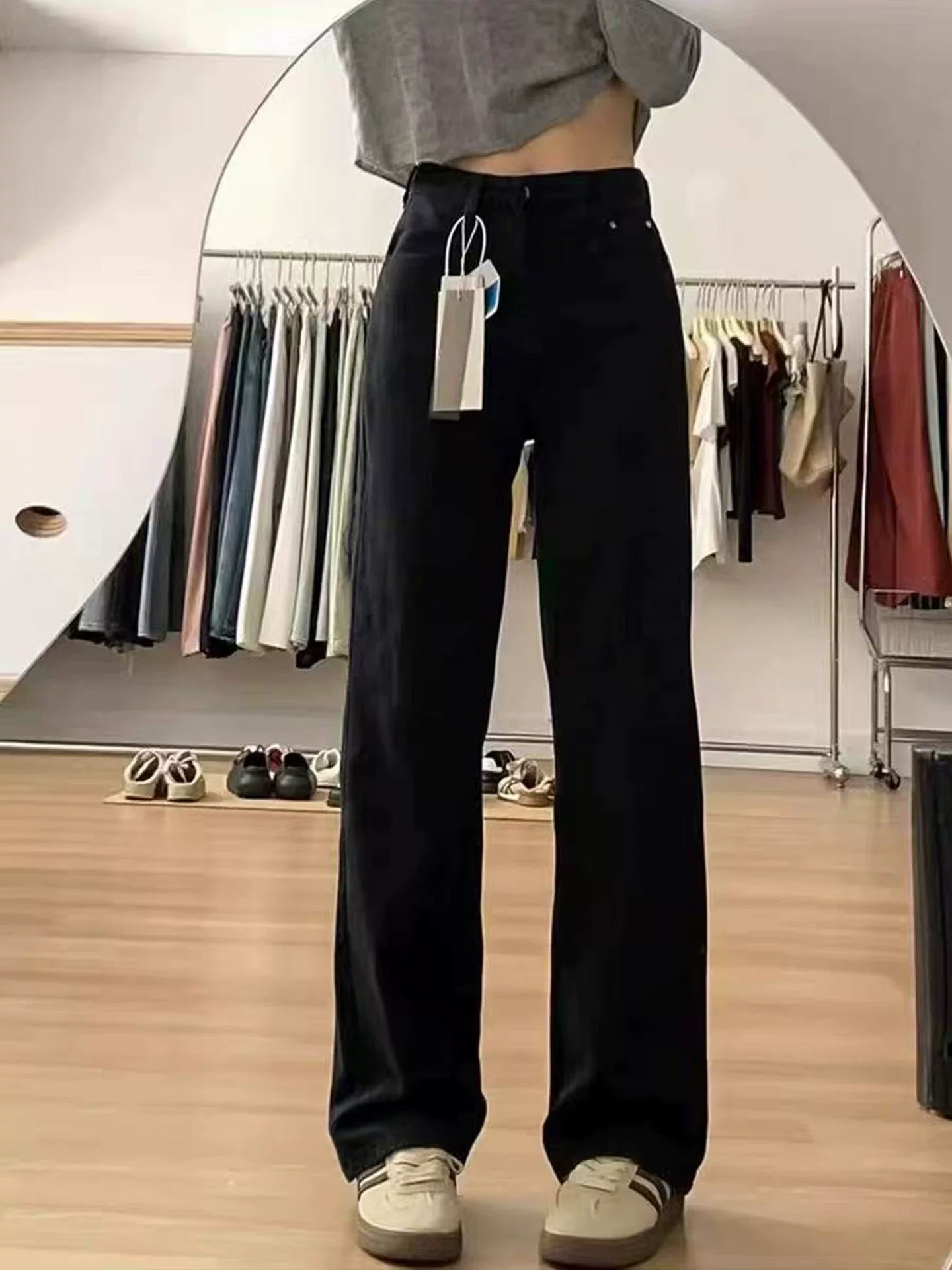 Quần jean đen dày có lót lông cừu dành cho nữ, cỡ lớn mùa đông, lưng cao, co giãn, giảm béo, ống rộng, quần dài đến sàn