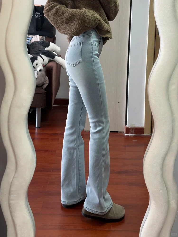 Quần jean ống loe dày lót lông cừu dành cho nữ, mùa thu đông, cỡ lớn, lưng cao, co giãn, giảm béo, dáng quả lê, quần ống chuông