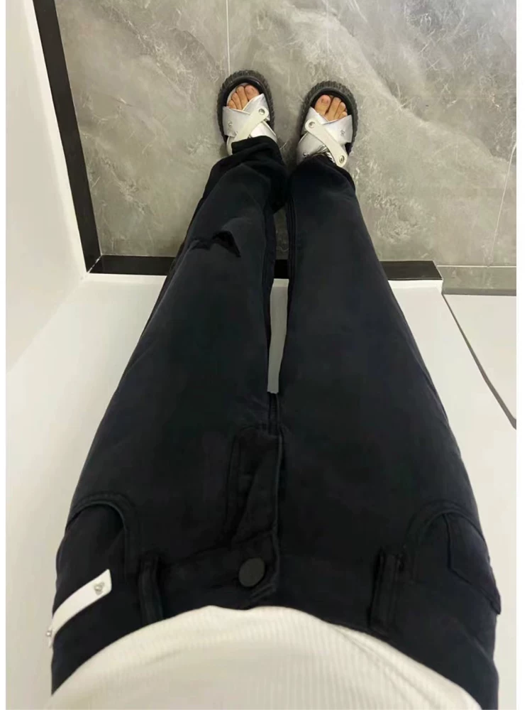 Quần jean ống đứng Tencel màu đen dành cho nữ, kiểu dáng mùa xuân mới, cỡ lớn, lưng cao, giảm béo, quần ống rộng hẹp