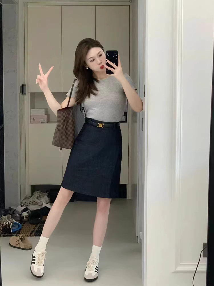 Váy denim dáng lê dành cho nữ, size lớn mùa hè, lưng cao, tôn dáng, đơn giản, đa năng, kiểu dáng chữ A, váy midi.