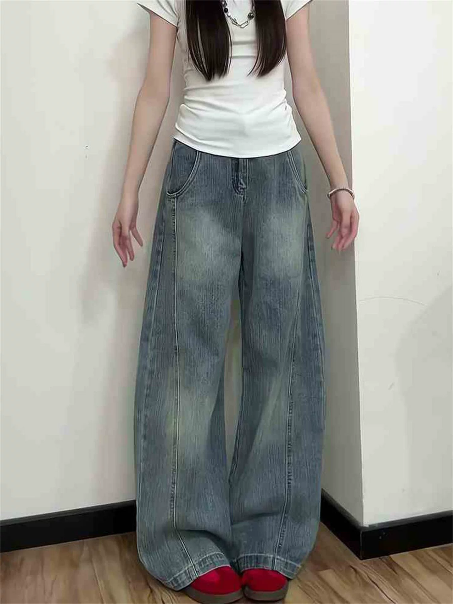 Quần jean ống đứng cổ điển dành cho nữ, phong cách mùa thu mới, cỡ lớn, lưng cao, dáng rộng, thon gọn, nhỏ nhắn, quần ống rộng cong.