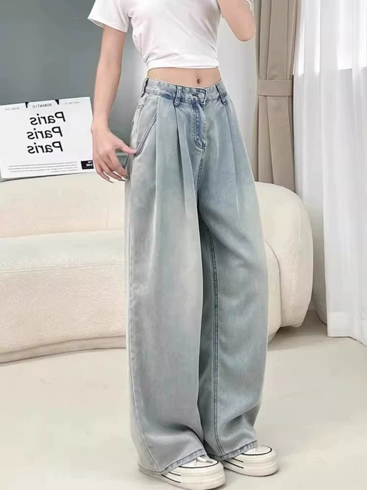 Quần jean ống rộng bằng vải lụa băng dành cho nữ, kiểu dáng mỏng mùa hè, cỡ lớn, lưng cao, dáng rộng, mềm mại, tôn dáng, quần dài bằng vải Tencel