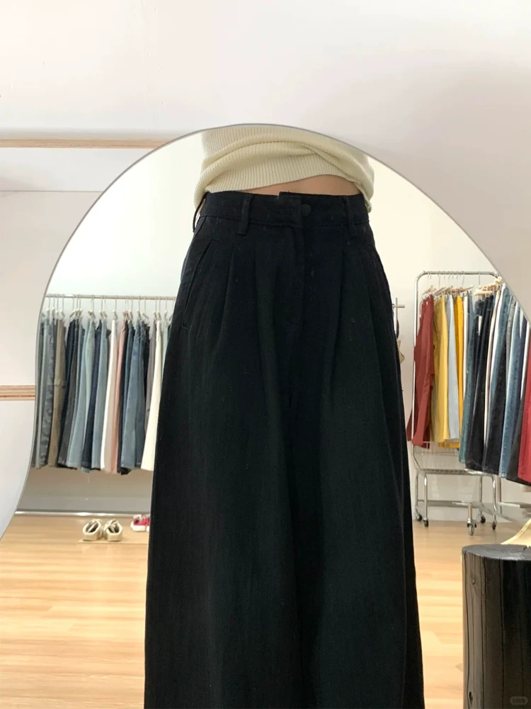 Quần âu đen cho nữ, kiểu dáng mỏng mùa hè, cỡ lớn, lưng cao, dáng rộng, mềm mại, tôn dáng, dáng quả lê, quần dài ống rộng.