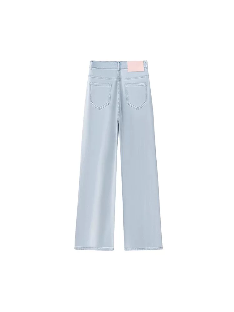 Quần jean ống đứng bằng vải lụa băng dành cho nữ, kiểu dáng mỏng mùa hè, cỡ lớn, lưng cao, dáng rộng, mềm mại, tôn dáng, kiểu dáng thon gọn, quần ống rộng Tencel.