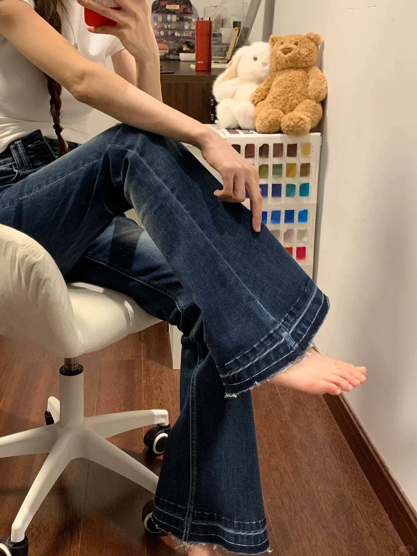 Quần jean ống loe lưng cao kiểu Mỹ cổ điển dành cho nữ, phong cách mùa thu mới, cỡ lớn, co giãn, tôn dáng, quần dài ống loe