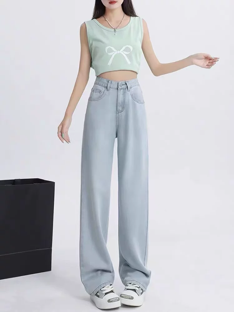 Quần jeans thẳng màu xanh nhạt chất liệu Tencel dành cho nữ, mùa hè 2025, size lớn, cạp cao, rộng rãi, mềm mại, tôn dáng, quần ống rộng