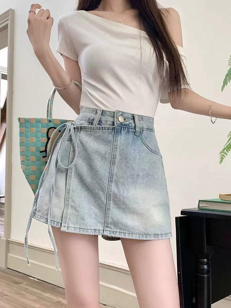 Váy denim dành cho nữ, phong cách mùa hè, cỡ lớn, lưng cao, che hông, thon gọn, dáng bất quy tắc, quần váy ngắn bodycon chữ A.