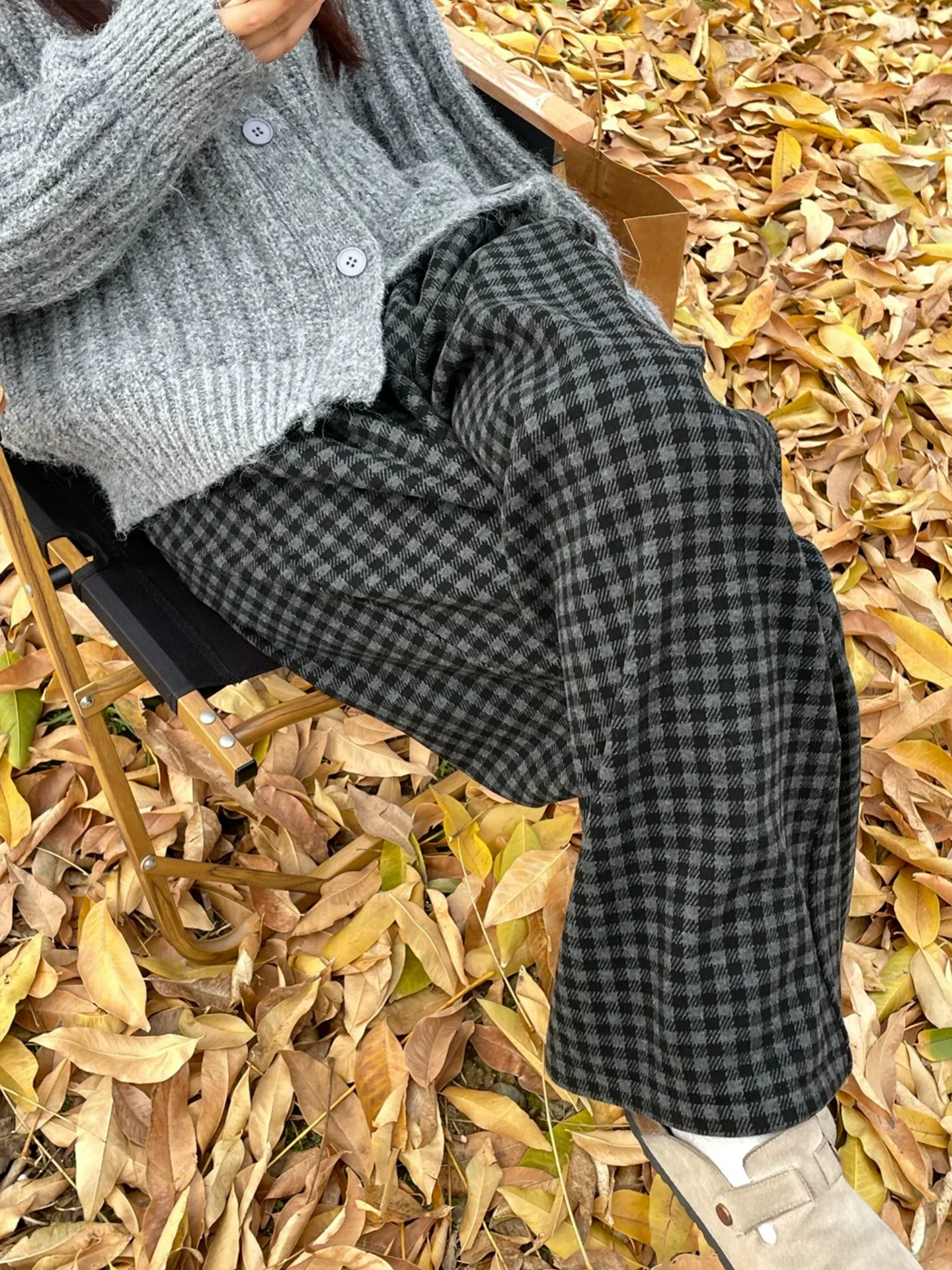 Quần ống rộng bằng len dày có lót lông cừu kẻ sọc màu đen và xám cổ điển dành cho nữ, cỡ lớn mùa đông, cạp cao, dáng suôn, quần thường ngày giúp thon gọn.