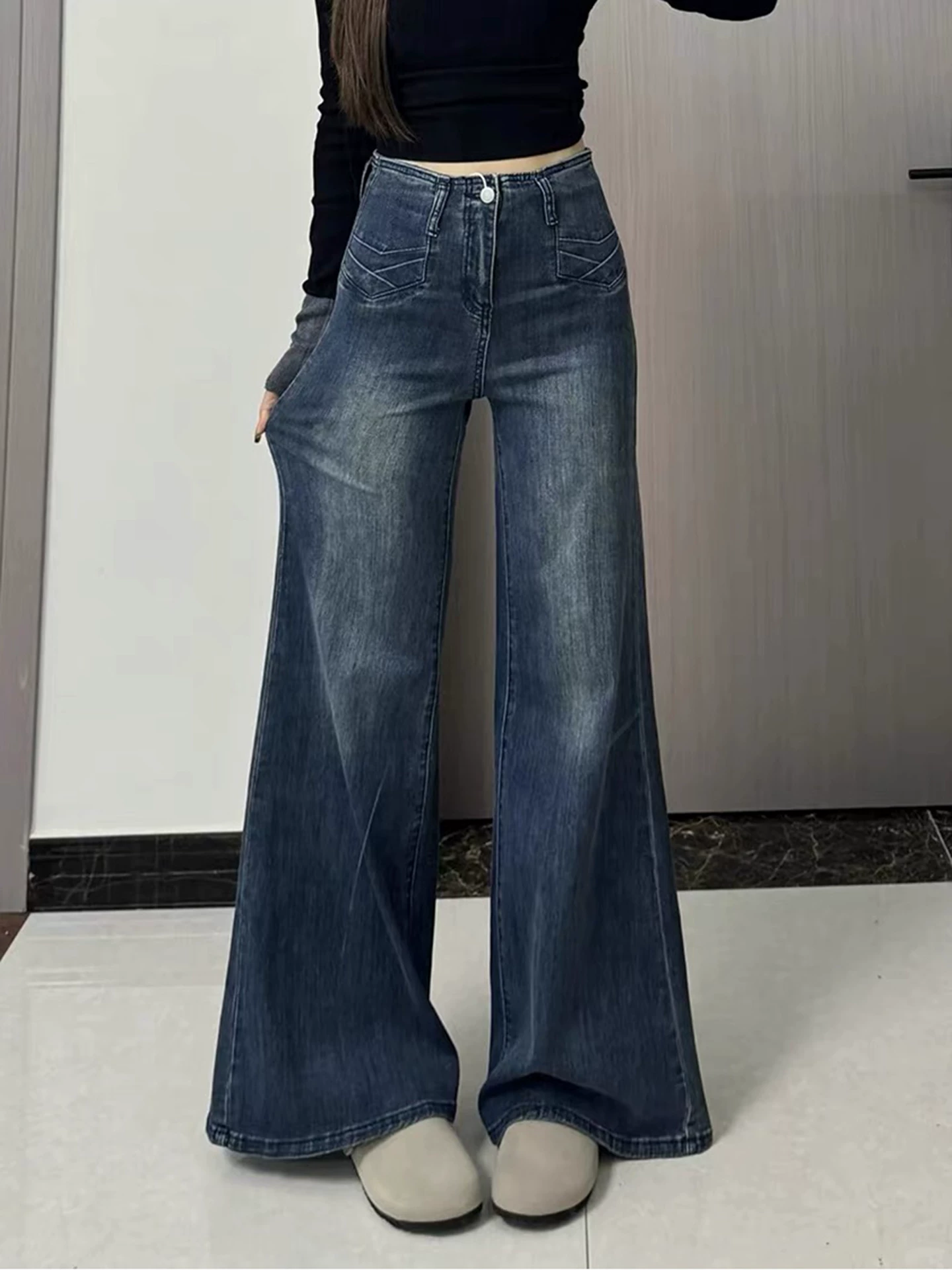 Quần ống loe nữ, kiểu thu mới, size lớn, lưng cao, co giãn, tôn dáng, dành cho người có thân hình quả lê, quần denim không bó sát