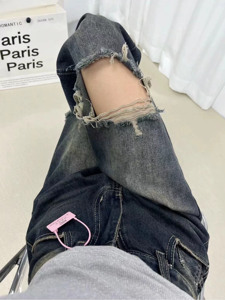 Quần jean rách cho nữ, kiểu dáng mùa hè mới, mỏng, cỡ lớn, lưng cao, dáng rộng, giảm béo, quần ống thẳng, quần ống rộng che hông