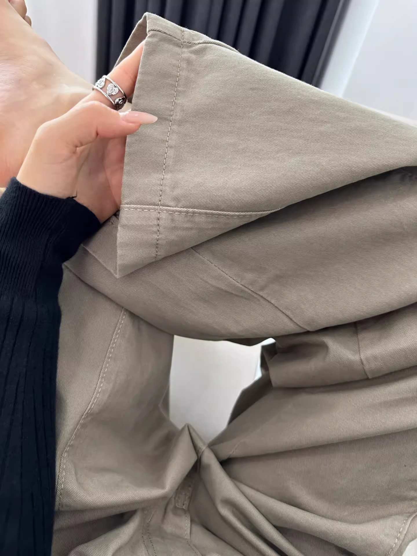 Quần kaki thường ngày dành cho nữ, phong cách mùa thu, cỡ lớn, lưng cao, che hông, giảm béo, nhỏ nhắn, quần ống rộng cong.