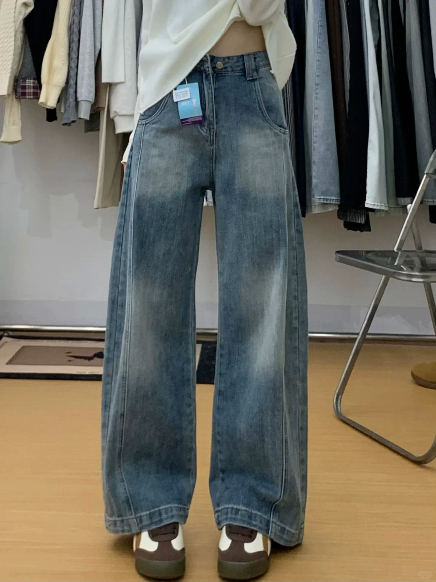 Quần jean cổ điển kiểu Mỹ dành cho nữ, phong cách mùa thu mới, cỡ lớn, lưng cao, giảm béo, kiểu dáng hẹp, quần ống rộng hình kiếm