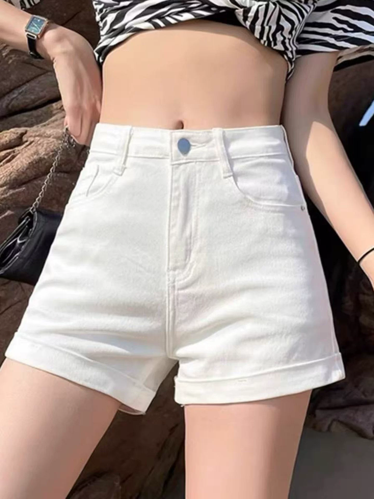 Quần short denim trắng cho nữ, cỡ lớn mùa hè, lưng cao, co giãn, giảm béo, dáng quả lê, quần ống rộng chữ A.