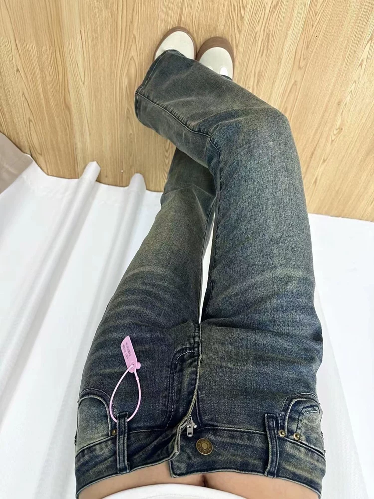 Quần jean xanh vintage dáng loe dành cho nữ, mặc đầu thu, size lớn, cạp cao, co giãn, che hông, quần ống loe tôn dáng.