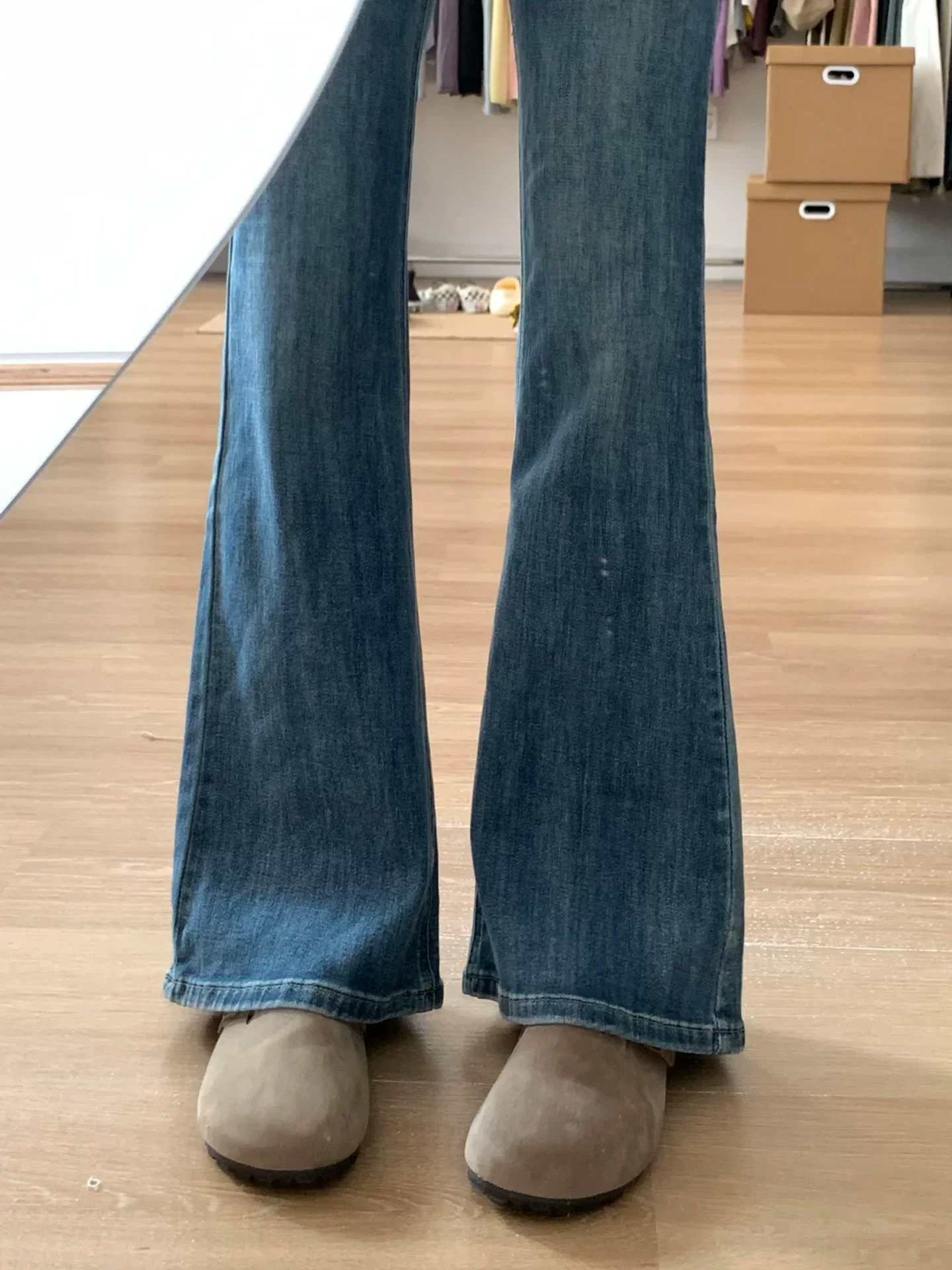 Quần jean xòe màu xanh đậm dành cho nữ, size lớn mùa hè, cạp cao, co giãn, tôn dáng, dành cho người có thân hình quả lê, quần ống loe che hông