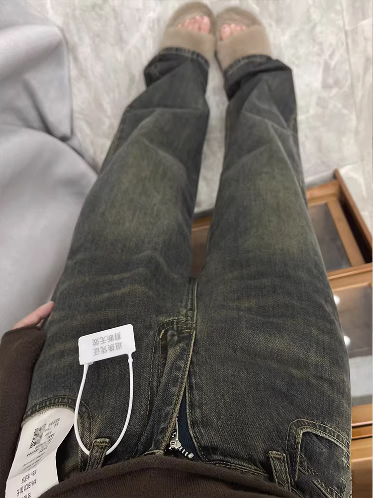 Quần jean ống thẳng dày lót lông màu xám xi măng dành cho nữ, mùa thu đông, cỡ lớn, lưng cao, dáng rộng, dáng suông, quần dài đến sàn.