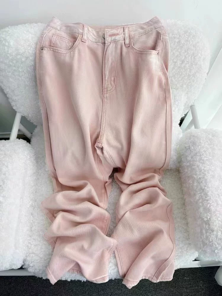 Quần jean ống đứng màu hồng Tencel dành cho nữ, kiểu dáng mỏng mùa hè, cỡ lớn, lưng cao, dáng rộng, suôn mềm, quần ống rộng giúp thon gọn