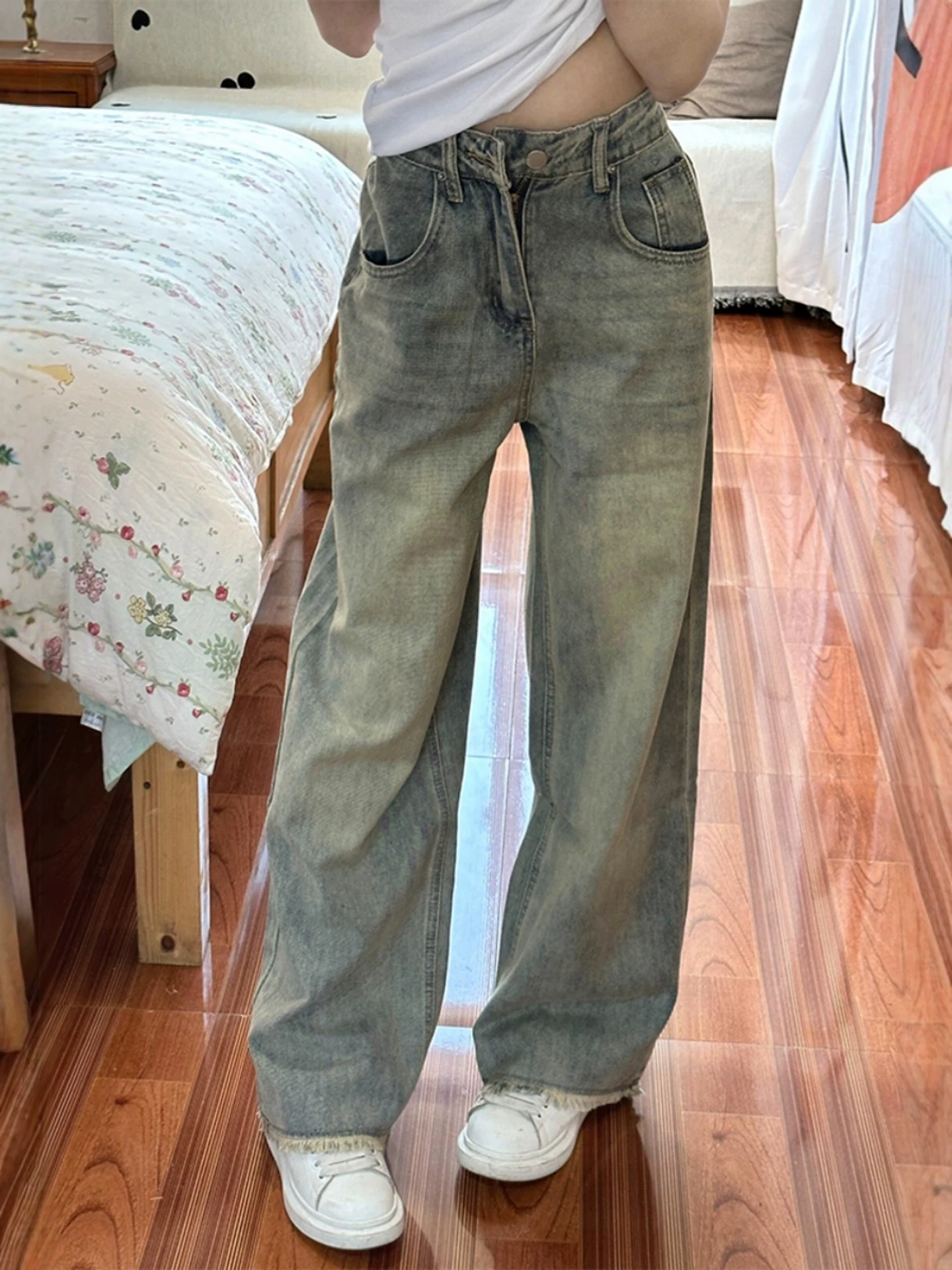 Quần jean ống rộng kiểu Mỹ cổ điển dành cho nữ, đầu thu, cỡ lớn, lưng cao, dáng rộng, giảm béo, dáng quả lê, quần ống thẳng