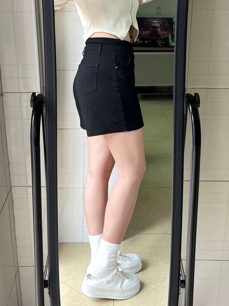 Quần short denim dáng quả lê dành cho nữ, kiểu dáng mỏng mùa hè, cỡ lớn, lưng cao, co giãn, che hông, quần ống rộng chữ A tôn dáng